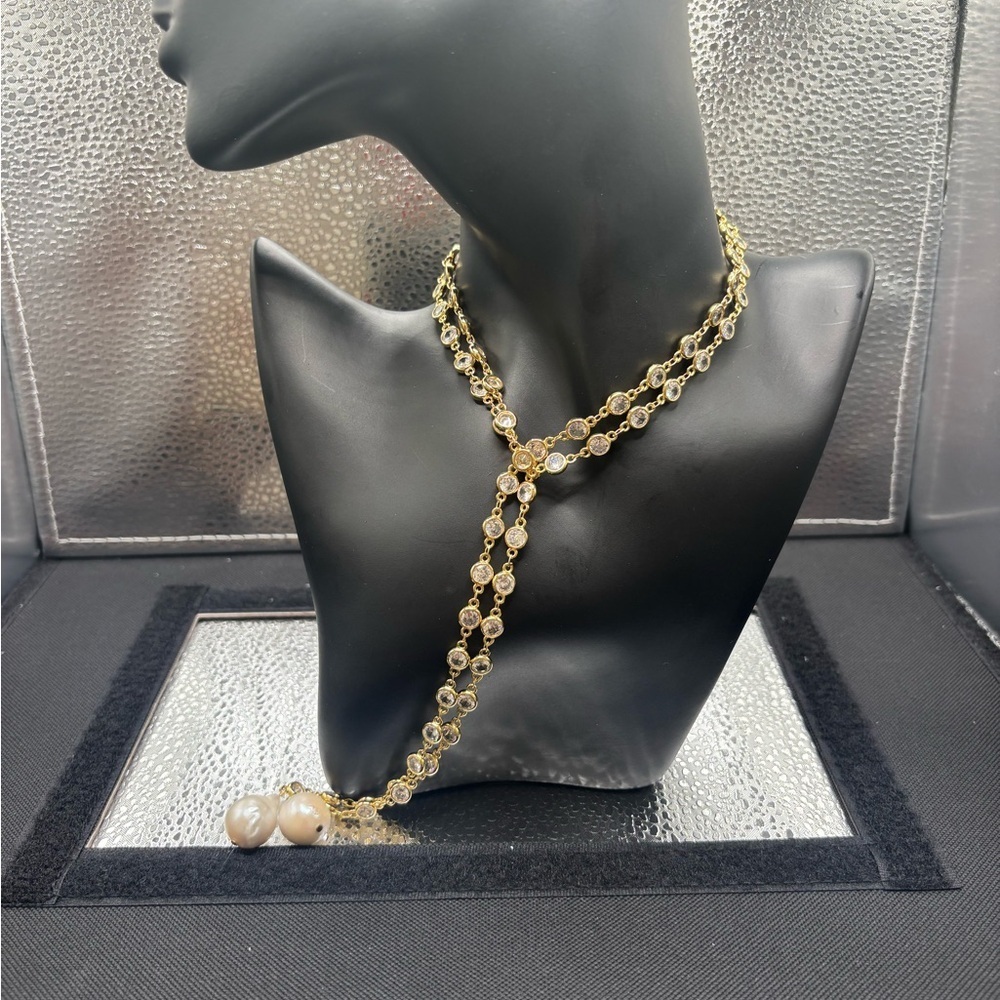 Elegant Large Gold and Two Baroque Peals Lariat Necklace.
